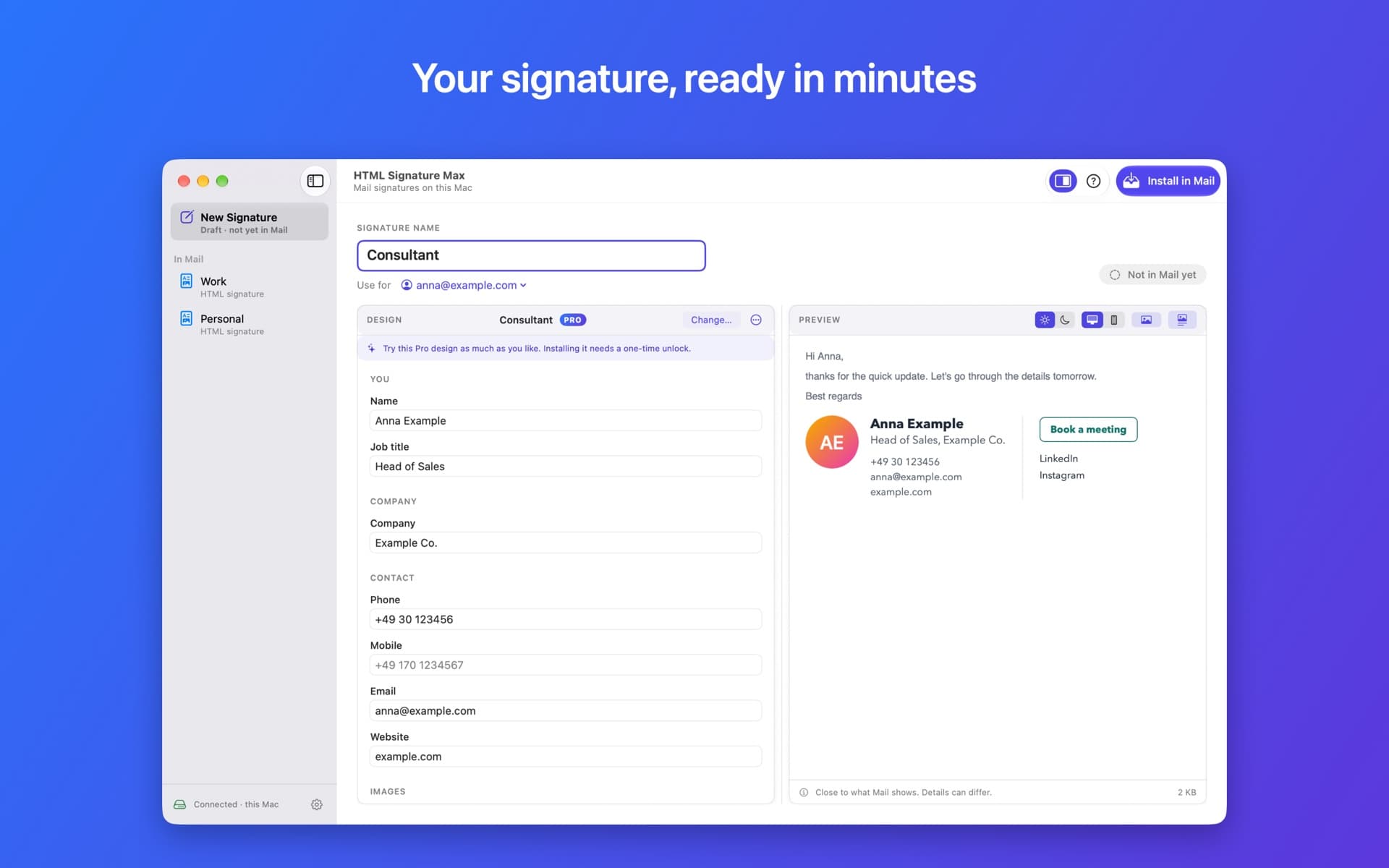 Your signature, ready in minutes: the signature form next to the live preview
