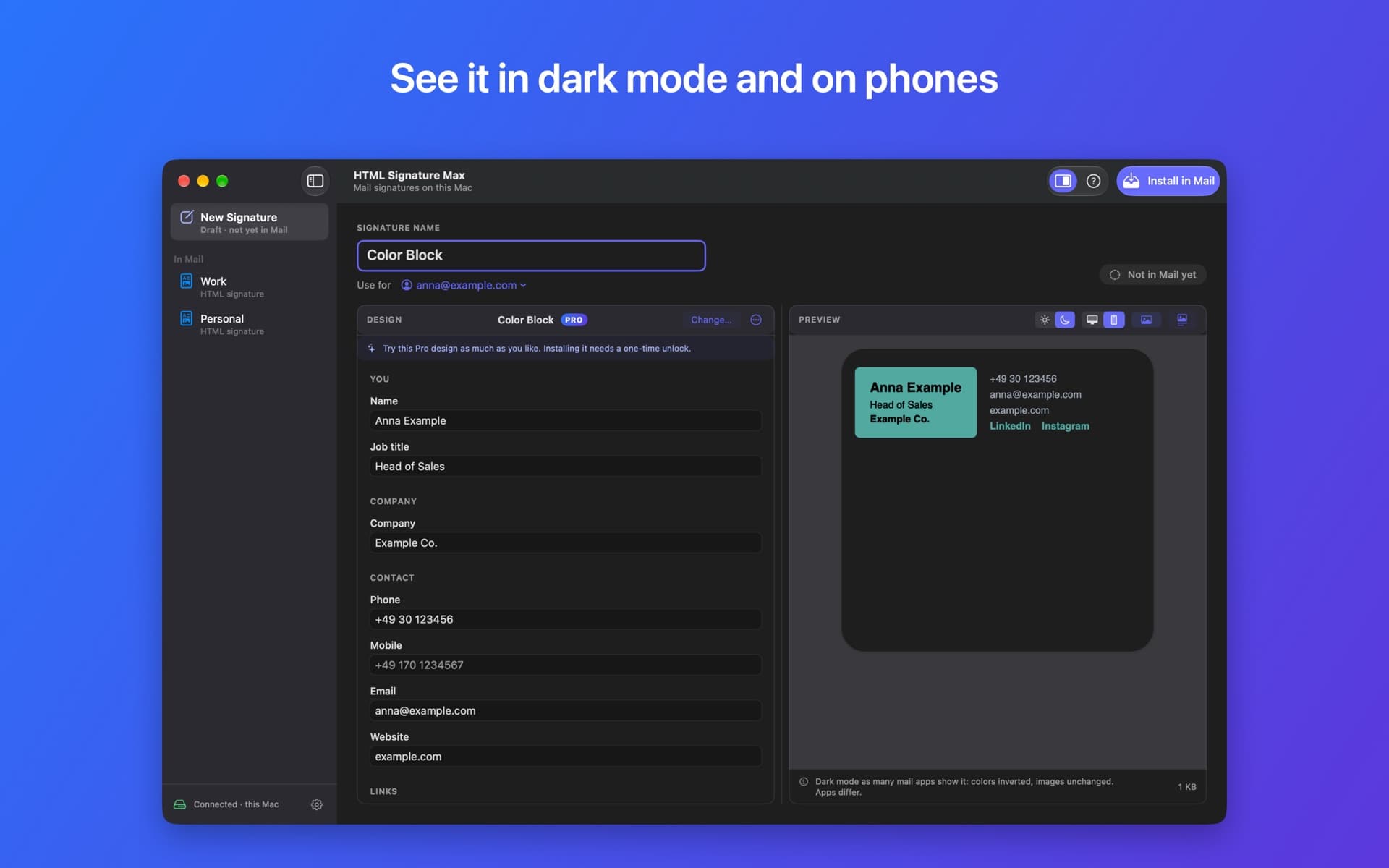 See it in dark mode and on phones: a signature previewed in dark mode at phone width