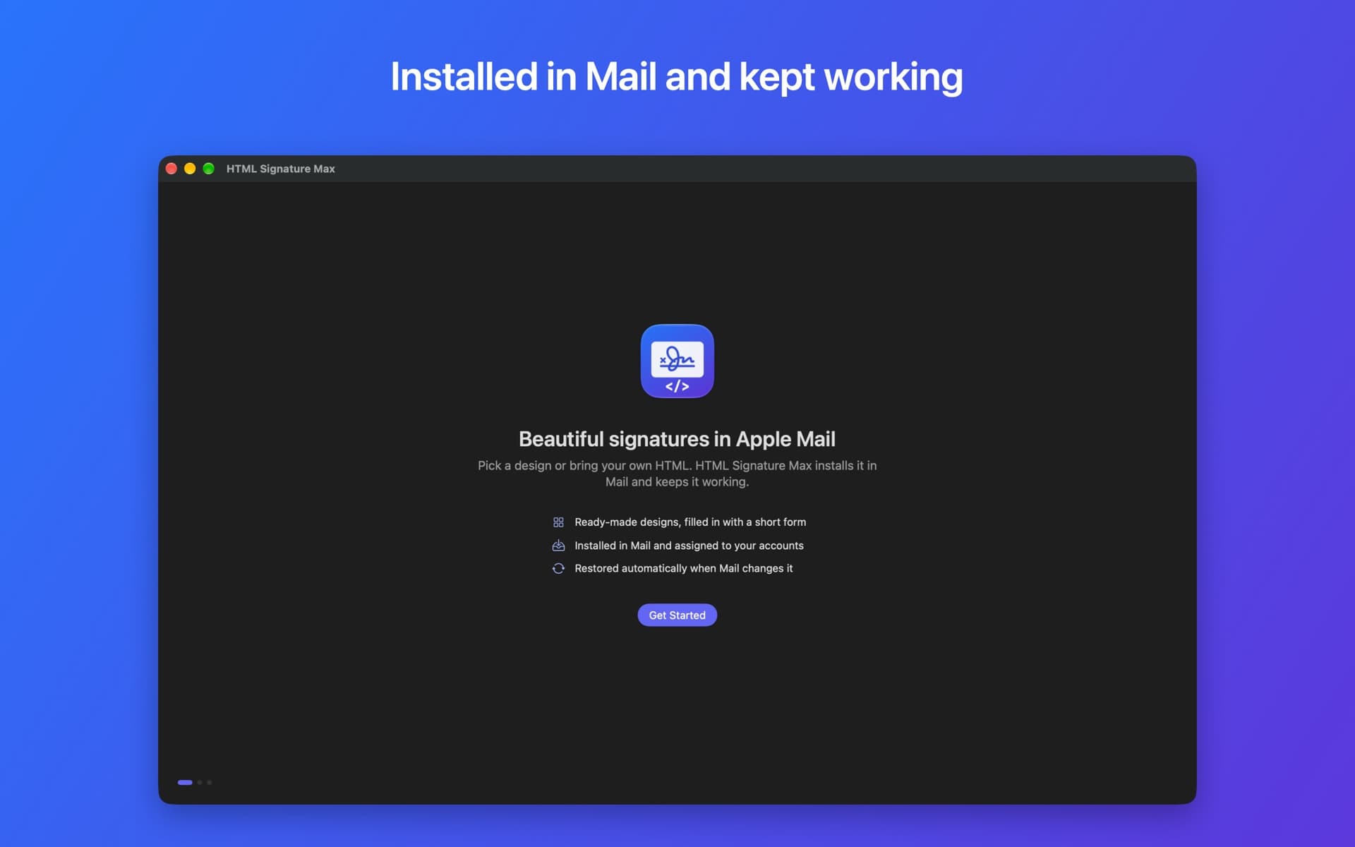 Installed in Mail and kept working: the welcome screen of HTML Signature Max